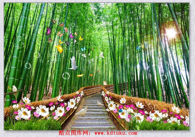 m1976-3d风景竹子竹林林荫小道蝴蝶鸽子鲜花背景墙壁画