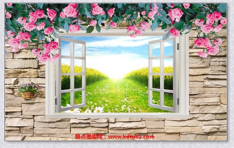 m2301-3d墙面窗户自然风景玫瑰花藤薰衣草花篮背景墙壁画