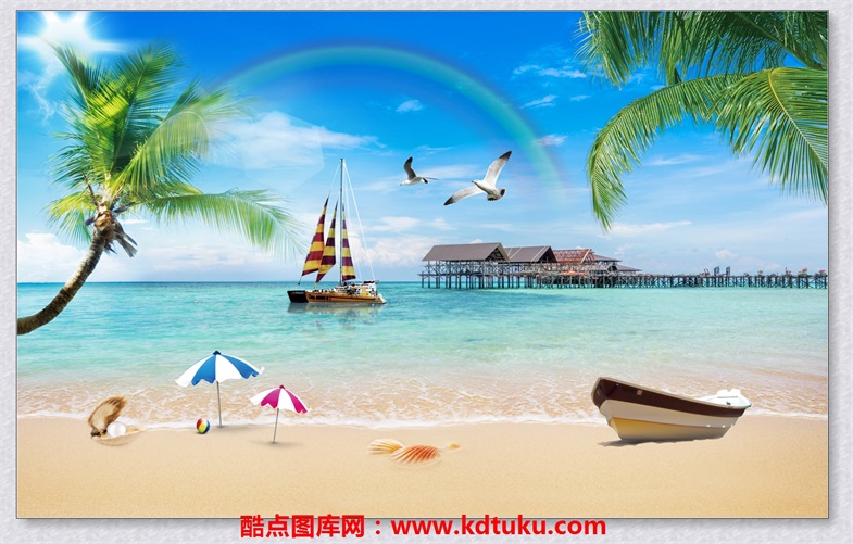 3D风景图片大全 海滩,3D风景图片大全 手绘 m2586-3d风景海景椰树小船帆船海鸥沙滩海滩彩虹背景墙壁画