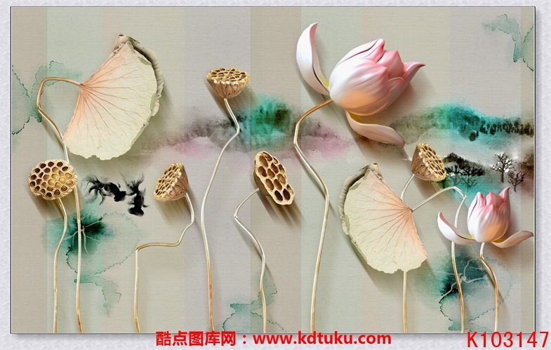 k103147-新中式浮雕莲藕荷花荷叶背景墙壁画