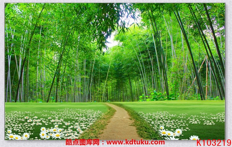 k103219-3d风景树林竹林竹子绿色草地草坪林荫小道小路背景墙壁画