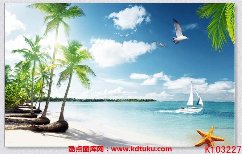 k103227-3d风景海景蓝天白云大还海鸥椰树帆船沙滩海星背景墙壁画