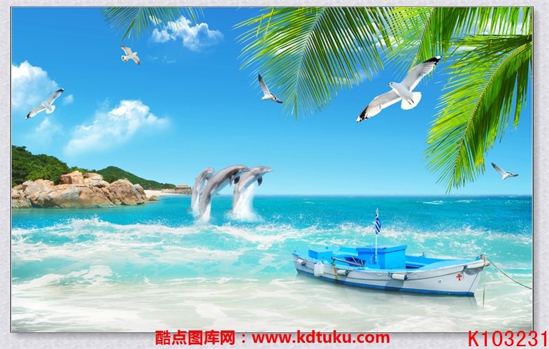 k103231-3d风景海景蓝天白云大海海鸥海豚椰树叶子小船背景墙壁画