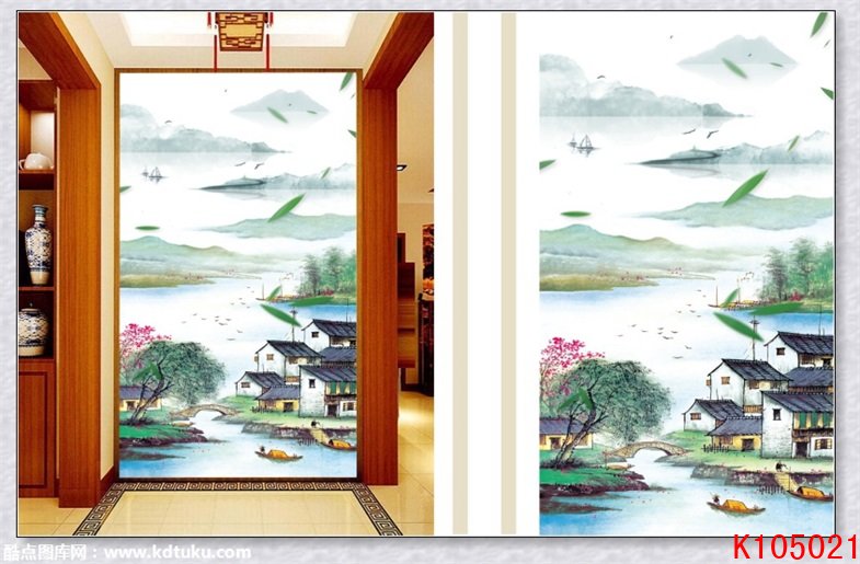 k105021-中式水墨山水玄关隔断迎门墙