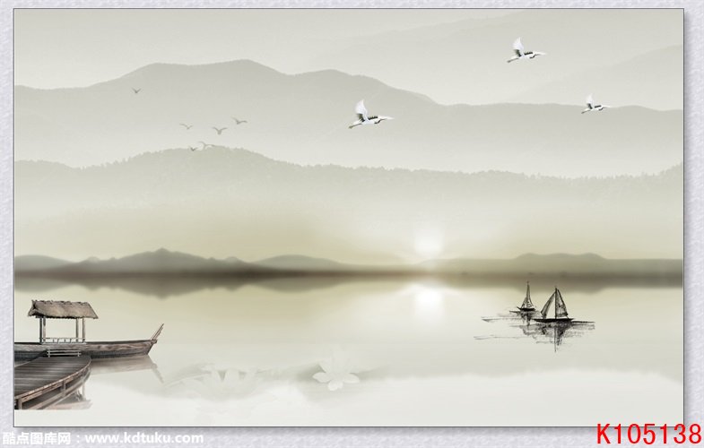 k105138-新中式意境禅意水墨山水小船仙鹤背景墙壁画