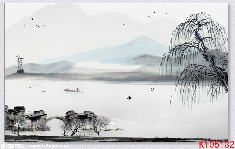 k105132-新中式意境禅意水墨山水小桥流水人家小船垂柳柳树背景墙壁画
