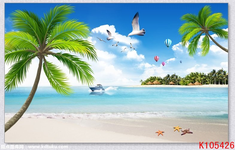 k105426-3d风景海景海星椰树海鸥游轮热气球背景墙壁画