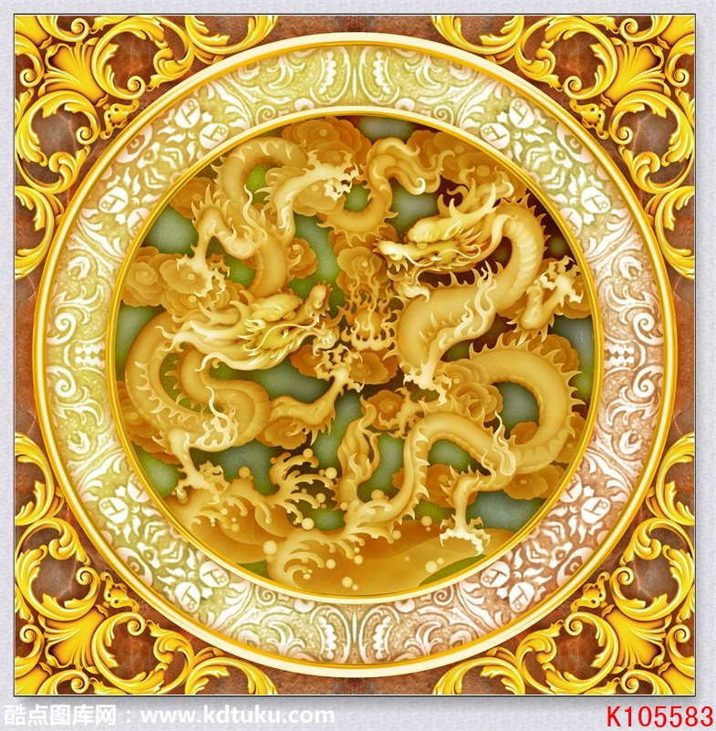 k105583-玉石玉雕双龙戏珠天花吊顶背景墙壁画