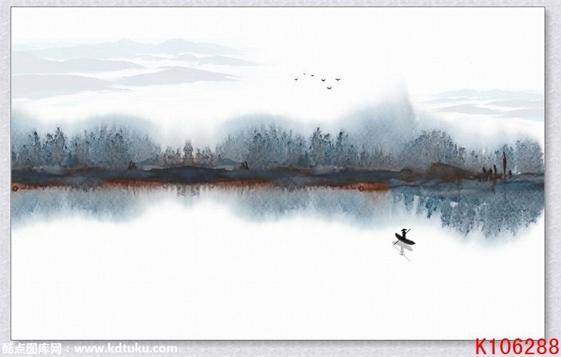 k106288-新中式意境禅意水墨山水小船背景墙壁画