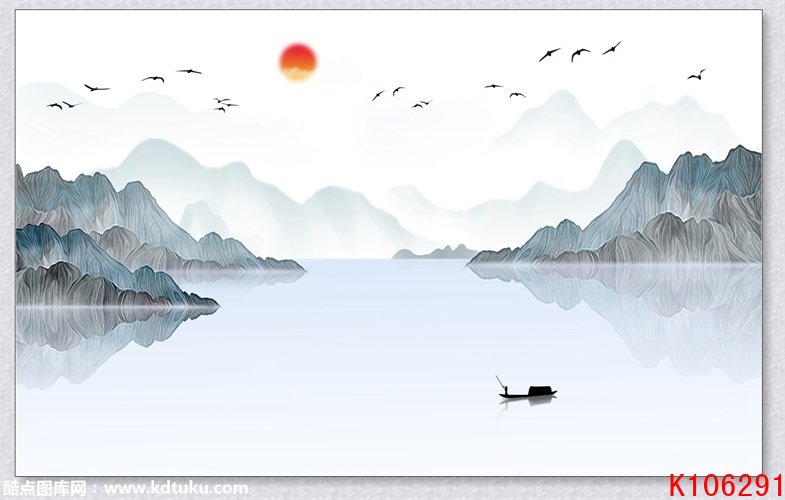 k106291-新中式意境禅意水墨山水小船红日大雁背景墙壁画