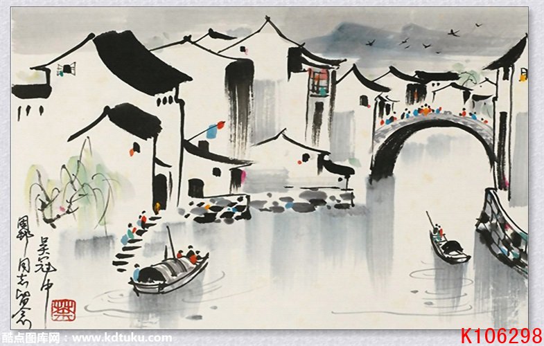 k106298-新中式水墨江南水乡小桥流水人家小船背景墙壁画