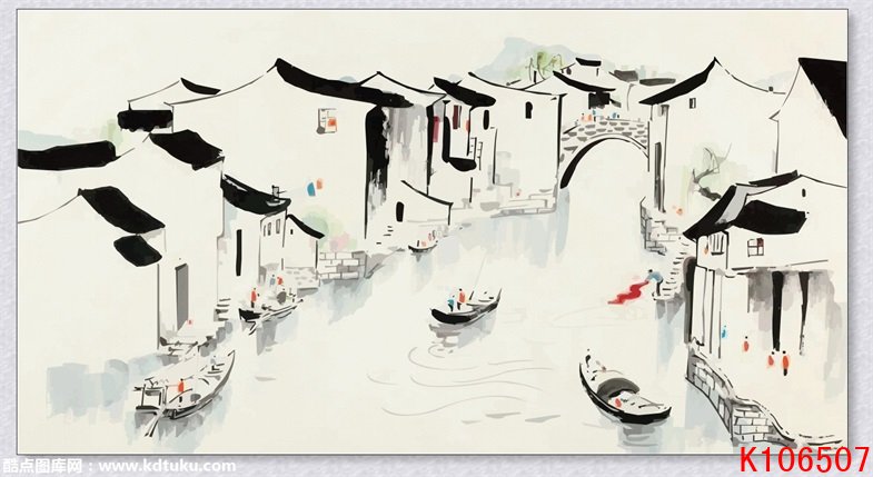 k106507-新中式意境禅意水墨江南小桥流水人家小船背景墙壁画