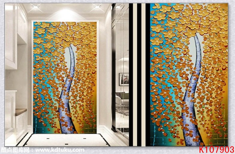 k107903-欧式油画发财树摇钱树玄关隔断迎门墙装饰画