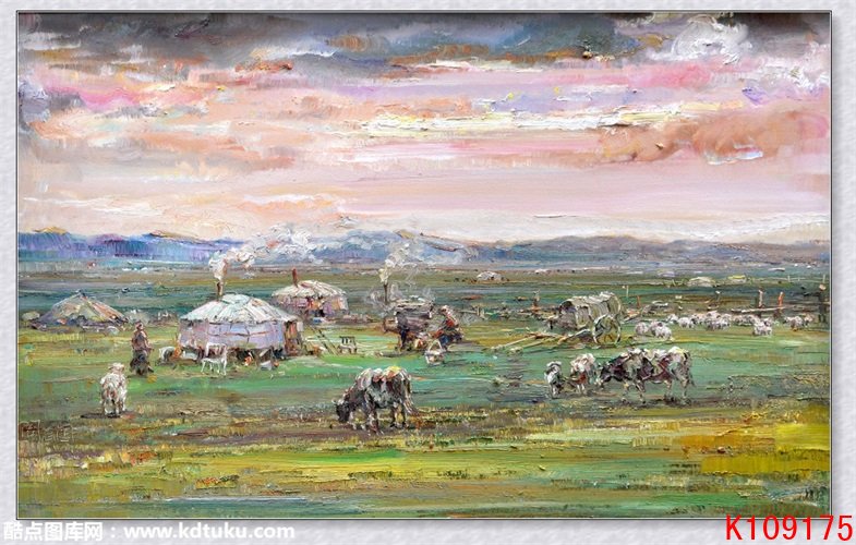 k109175-欧式油画蒙古包草原牛羊背景墙壁画