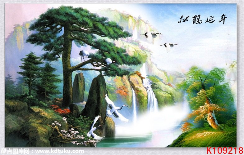 k109218-山水油画迎客松树仙鹤松鹤延年背景墙壁画