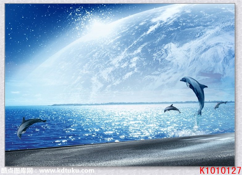 k1010127-3d风景海景大海海洋世界海豚背景墙壁画