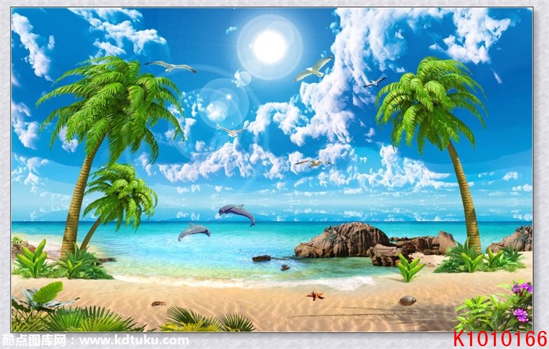 k1010166-3d风景海景大海海豚椰树背景墙壁画