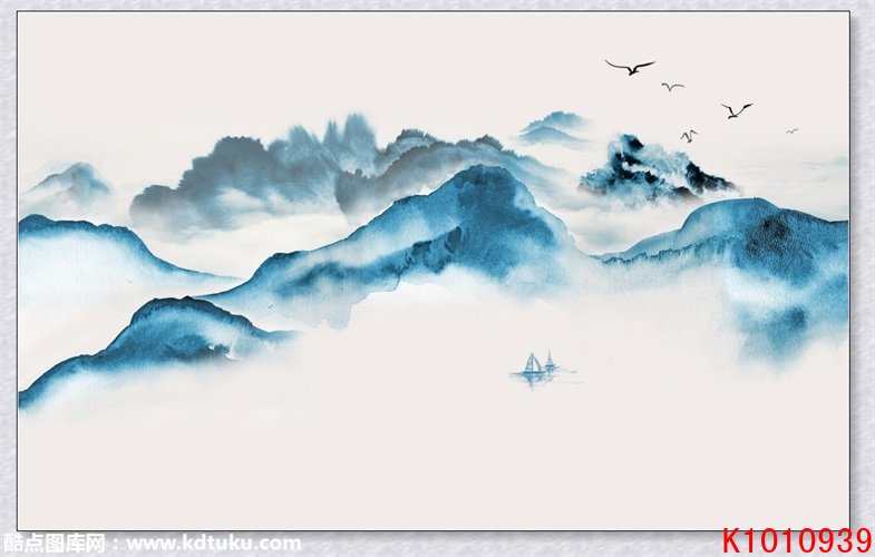 k1010939-新中式意境禅意水墨山水小船背景墙壁画