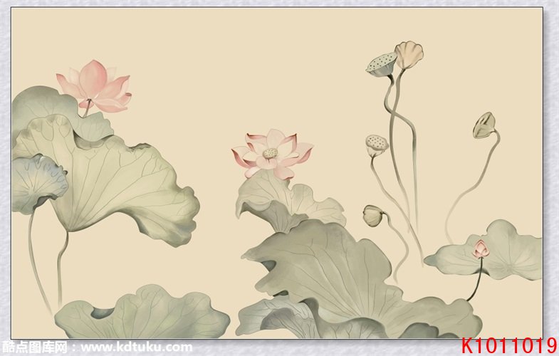 k1011019-新中式荷花荷叶莲藕背景墙壁画