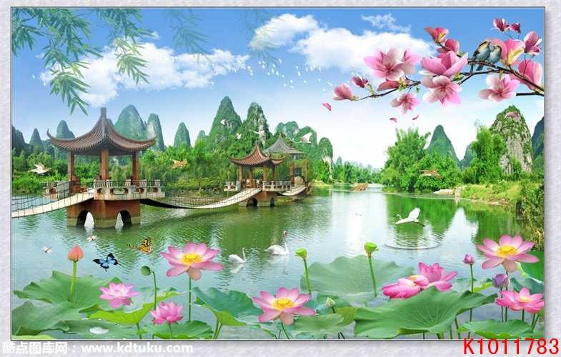 k1011783-中式山水湖面亭子小桥吊桥荷花荷叶天鹅仙鹤背景墙壁画