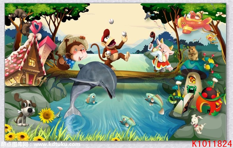 k1011824-卡通儿童房树林森林小猴子小动物背景墙壁画