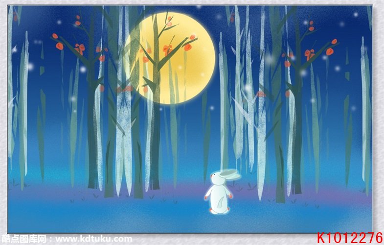k1012276-守护卡通儿童房月光下树林小白兔背景墙壁画