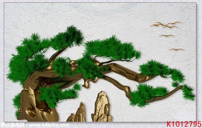 k1012795-新中式松树金色飞鸟背景墙壁画